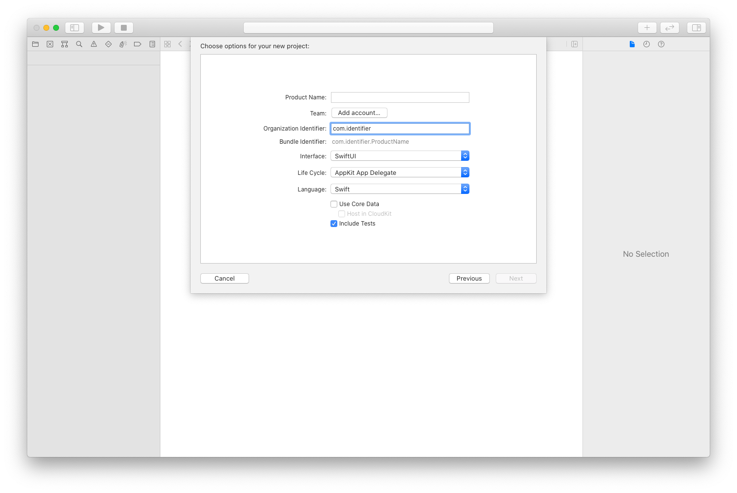 screenshot showing the new project creation screen of XCode with the selection mentioned in the previous paragraph