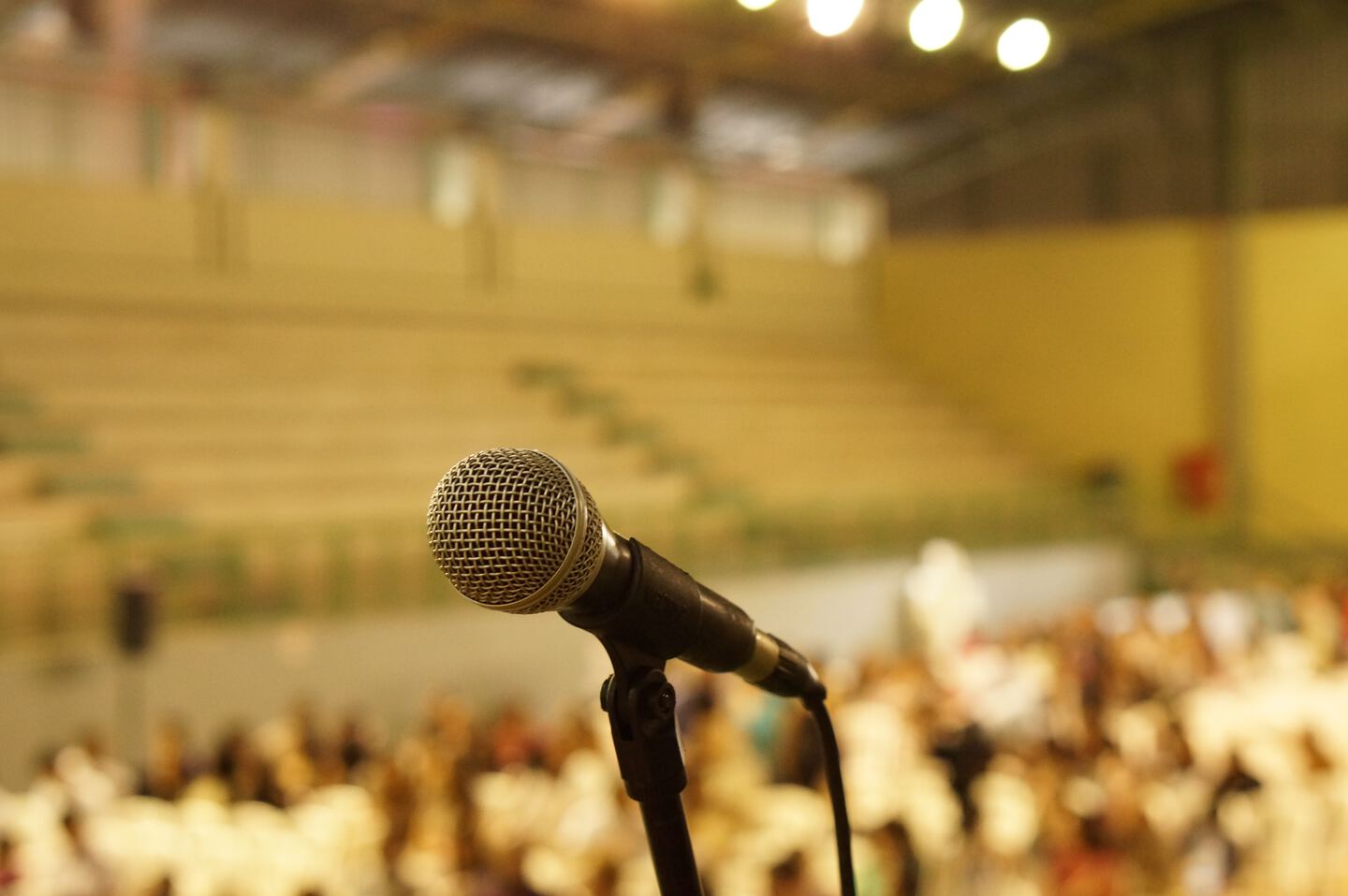 microphone with an audience in the background