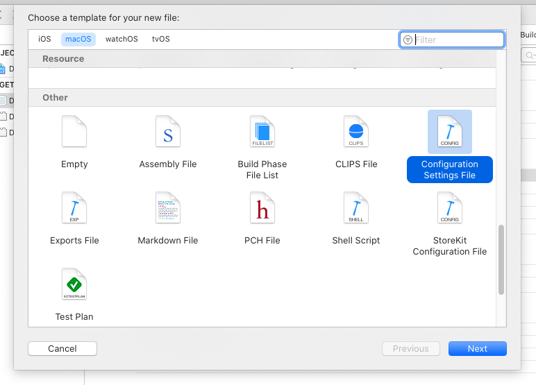 xcode new file dialog with the configuration settings file option selected
