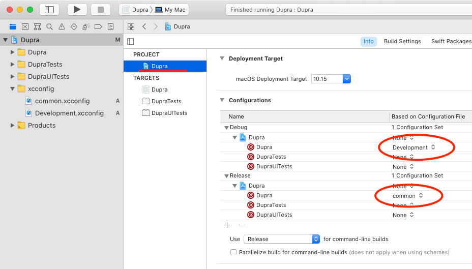 project settings showing build configs set as described