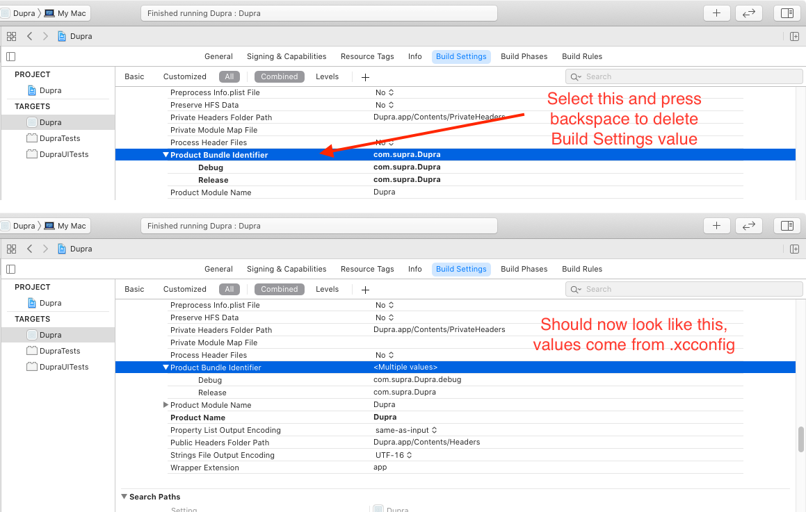 showing before and after deleting the Project Bundle Identifier value