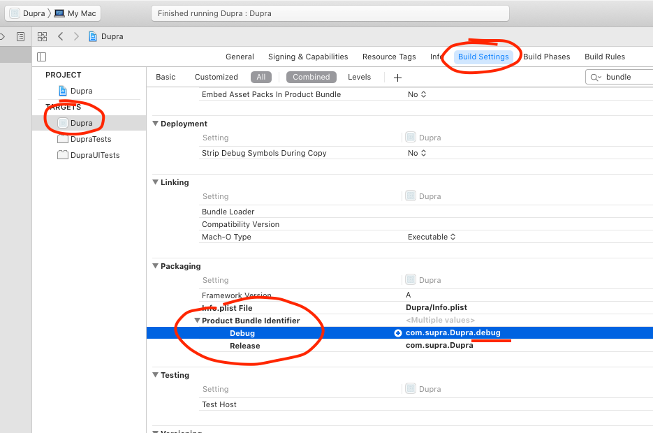 shows the xcode Build Settings tab for the target with the Debug value set to a different bundle-identifier